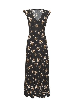 Black maxi dress with V-neck, flutter sleeves, and beige floral print spread evenly across the fabric.
