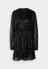 Robe courte noire à manches longues avec décolleté en V, entièrement recouverte de sequins brillants, avec une taille froncée et une jupe légèrement évasée.