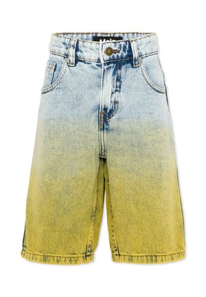 Shorts in denim con sfumatura dal blu al giallo, chiusura frontale con bottone e cerniera, passanti per cintura e tasche frontali.