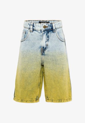 Szorty jeansowe z gradientem od niebieskiego do żółtego, z przodem zapinanym na guzik i zamek błyskawiczny, szlufkami na pasek oraz przednimi kieszeniami.