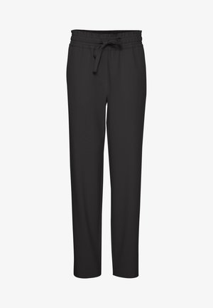 Mustad püksid elastse vöökohtaga ja nööridega. Omavad sirge sääre disaini, siledat tekstuuri ning ei oma nähtavaid mustreid ega aksessuaare.