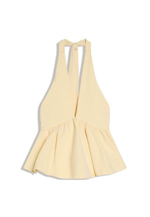 Blady żółty top bez rękawów na szyję z wiązaniem na karku i marszczoną, rozkloszowaną talią.