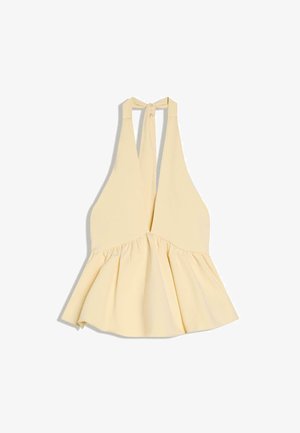 Top sans manches jaune pâle avec une fermeture à nouer au cou et une taille froncée et évasée.