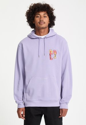 Purple hoodie made of cotton blend, featuring a front pocket and vibrant graphic embroidery. Includes drawstring hood. Simple, casual design.