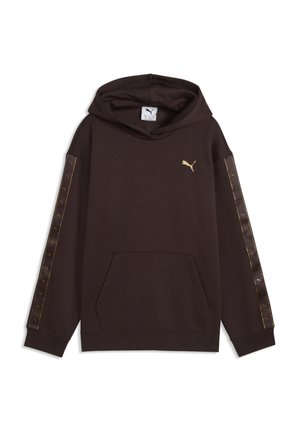 Ciemnobrązowa bluza z kapturem i przednią kieszenią, złote logo Puma na piersi oraz złote paski biegnące wzdłuż obu rękawów.