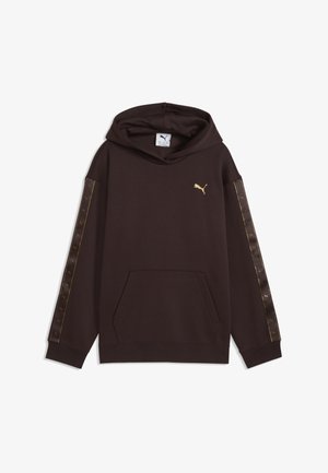 Mørkebrun hættetrøje med frontlomme, gyldent Puma-logo på brystet og gyldne striber ned ad begge ærmer.