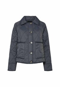 Pilkas siuvinėtas švarkas su mygtukų priekine dalimi, dideliu apykakle ir dviem priekinėmis kišenėmis; pasižymi deimanto formos siuvinėjimu ir sklandžia tekstūra.