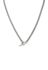 Collana in metallo argento con anelli intrecciati, dotata di chiusura a toggle. Texture liscia con finitura lucida.