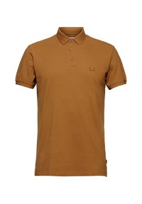 Polo shirt marron à manches courtes en coton, avec un col et une patte de boutonnage à deux boutons, comportant un petit logo sur la poitrine.