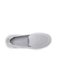 Light grey slip-on shoe with a knitted texture, rounded toe, elasticized collar, and subtle branding on the inside.