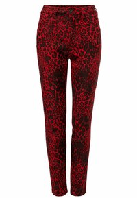 Rode luipaardprint jeans met een slim fit, voorzien van een knoopsluiting, hoekige zakken en een gestructureerd stoffenpatroon.