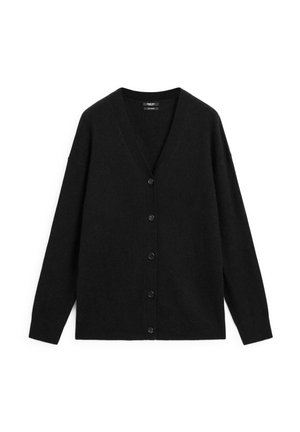 Black wool cardigan featuring a v-neck, long sleeves, and six front buttons. Soft texture with a straight fit and minimal design.