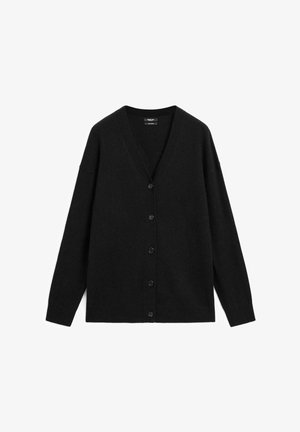 Zwarte wollen cardigan met een V-hals, lange mouwen en zes knopen aan de voorkant. Zachte textuur met een rechte pasvorm en een minimalistisch ontwerp.