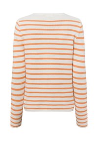Gestreiftes langärmeliges Oberteil mit horizontalen orangefarbenen und weißen Linien, strukturiertem Strickstoff, Rundhalsausschnitt und figurbetonter Silhouette.