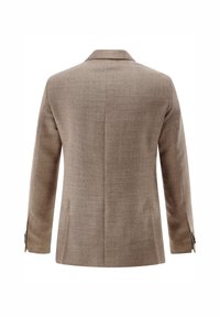 Rückansicht eines hellbraunen, strukturierten Blazers für Herren mit langen Ärmeln und geknöpften Manschetten vor weißem Hintergrund.