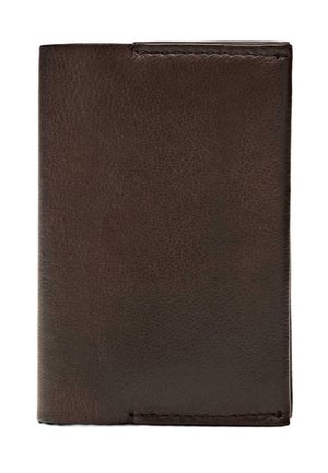 Dunkelbraune Leder-Bifold-Geldbörse mit sichtbaren Nähten entlang der Kanten, von vorne geschlossen gezeigt.