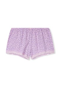 Pantaloni pantaloncini con stampa leopardata viola, dotati di una cintura elastica e di un bordo in pizzo lungo l'orlo. Tessuto morbido con una vestibilità ampia e confortevole.