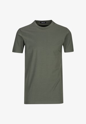 Effen olijfgroen T-shirt met korte mouwen en ronde hals, voorzien van een Replay-merklabel aan de binnenkant van de kraag, getoond op een witte achtergrond.