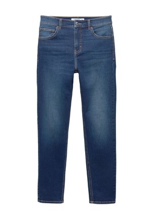 Blugi din denim de culoare albastru închis, cu croială dreaptă, decolorare subtilă și cusături contrastante. Posesă buzunare frontale și închidere cu nasture la talie.
