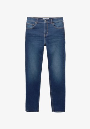 Dark blue denim jeans with a straight cut, subtle fading, and contrast stitching. Features front pockets and a button closure at the waist.
