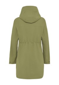 Long olive green hooded coat with adjustable waist, long sleeves, and side pockets shown from the back on a white background.