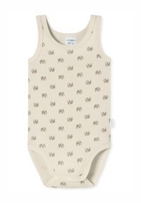 Beige spädbarnsoverall med ljusbrun elefantmönster, tillverkad av mjuk bomull, med ärmlös design och tryckknappar i botten.