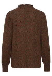Brown long-sleeve blouse with small red flowers and leaf patterns, featuring a high ruffled neckline and smocked cuffs.