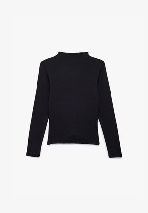 Mustapaita pitkillä hihoilla pehmeästä ja joustavasta materiaalista, jossa on korkeakauluksinen ja tiukka leikkaus. Yksinkertainen ja monipuolinen muotoilu.