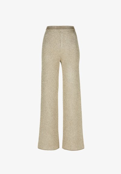 Visoko pasne široke hlače iz metalne zlate tkanine s mehkobo, z rebrastim pasom in brez vidnih zapiranj.