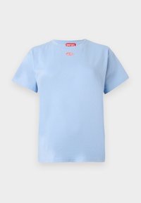 Light blue short-sleeve cotton T-shirt with red Diesel brand label at the neck and small red oval logo below the collar.