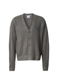Grå knap-op cardigan med V-udskæring, lange ærmer, ribstrikkede manchetter og kant samt lille sort logo broderi på venstre bryst.