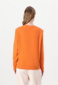 Oranžová mikina s dlhými rukávmi a voľným strihom. Hladký povrch, okrúhly výstrih, rebrované manžety a lem. Minimalistický dizajn, jednoduchý zadný pohľad.