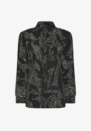 Camicia nera con bottoni con motivo astratto testurizzato color crema. Maniche lunghe e colletto classico con vestibilità rilassata e tessuto morbido.