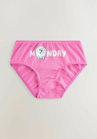 Sous-vêtements féminins roses avec un personnage de nuage blanc de dessin animé remplaçant le "O" dans "MONDAY" imprimé sur la ceinture avant.