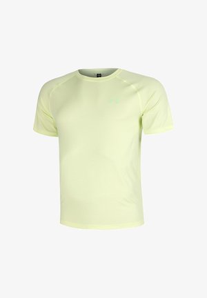 Hellgelbes, kurzärmeliges Sportshirt mit Rundhalsausschnitt und dezent strukturierter Stoffoberfläche, mit kleinem Logo auf der linken Brust.