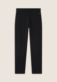 Leggings neri realizzati in tessuto elasticizzato, con una cintura ampia e un design streamlined privo di motivi o accessori visibili.