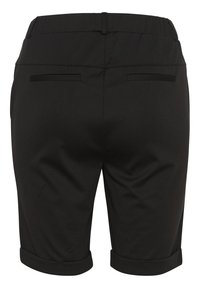 Shorts noirs en tissu lisse, avec un ourlet roulé, deux poches arrière et une taille plate.