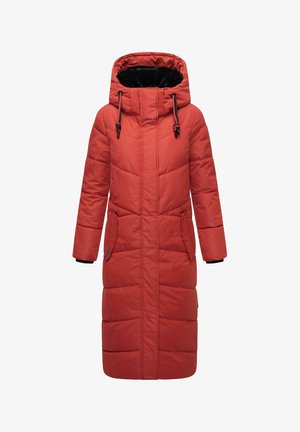 Rote gepolsterte Jacke mit Kapuze, mit einem gesteppte Design, zwei Fronttaschen, verstellbaren Kordelzügen und schwarzem Innenfutter.