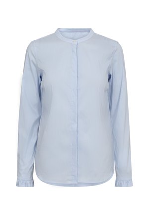 Light blue striped shirt with a round collar, button front, and long sleeves that feature gathered cuffs, made from a smooth fabric.