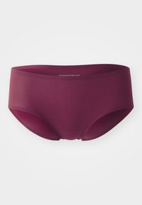 Burgundy hipster briefs made from smooth fabric. Features a wide waistband with the brand name "CHANTELLE" printed in white.