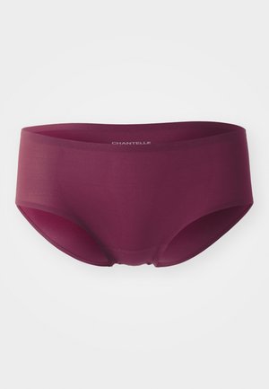 Burgundy hipster briefs made from smooth fabric. Features a wide waistband with the brand name "CHANTELLE" printed in white.
