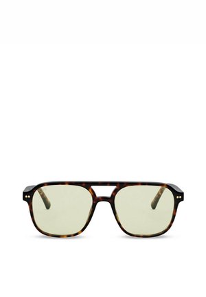 Rechthoekige brillen met Schildpadmotief en dubbele neusbrug, met lichtgeel getinte glazen, gezien van voren op een witte achtergrond.