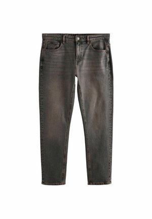 Mörkgrå denimjeans med en rak bendesign, fem fickor, lätt blekning och kontrasterande sömmar längs sömmarna.