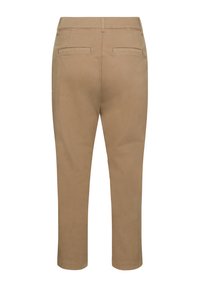 Pantalon kaki à coupe droite, fabriqué en coton doux. Il possède deux poches arrière et des ourlets cousus, offrant un design épuré et simple.