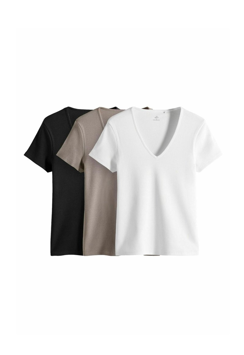 THE SET REGULAR FIT - 3 PACK V-NECK SHORT SLEEVED  - Pamata T-krekls - black white taupe brown