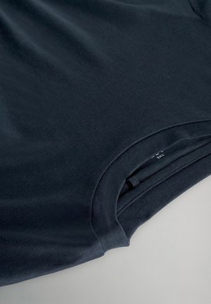 Navy blue short-sleeve T-shirt made of soft fabric, featuring a round neckline and a smooth texture with a subtle sheen.