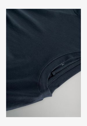 Navy blue short-sleeve T-shirt made of soft fabric, featuring a round neckline and a smooth texture with a subtle sheen.