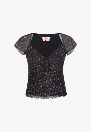 Zwart kort mouwtoppje met kleine rode en witte bloemenprint, doorschijnende pofmouwen, V-hals en een geraffineerde strikdetail aan de voorkant.