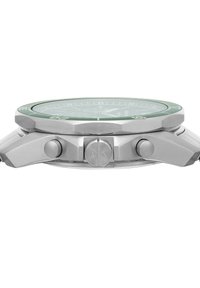 Orologio in acciaio inossidabile con lunetta verde, quadrante in vetro e tre pulsanti; presenta una cassa esagonale e dettagli incisi.
