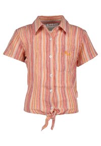 Camicia a maniche corte a righe nei colori arancione, rosa e crema. Presenta una chiusura a bottoni frontale, una tasca sul petto a sinistra e un dettaglio con nodo all'orlo.